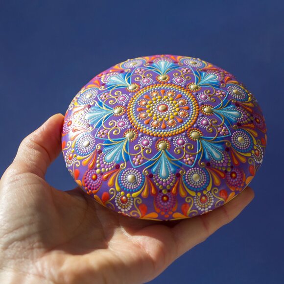 Mandala Painted Stone Acrylic Rock Paperweight Dot Art Painting by Lauruntra - Picture 6 of 10